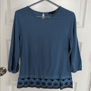 Blue 3/4 Sleeve Top with Eyelet Hem
